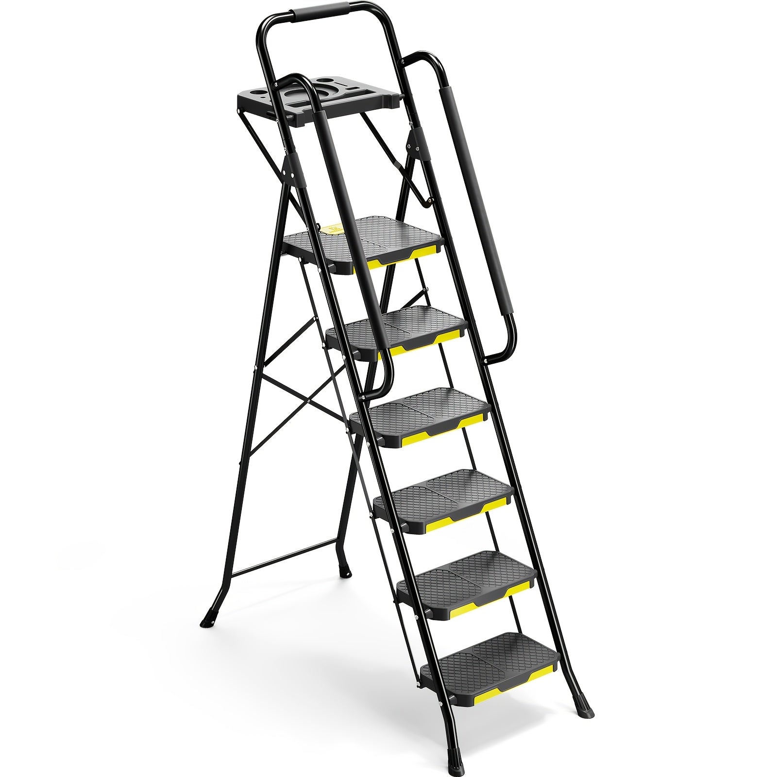 TOOLF 6 Step Folding Ladder, 800LBS Heavy Duty Steel Step Stool with Handrails Tool Platform Wide Pedal for Home Garage