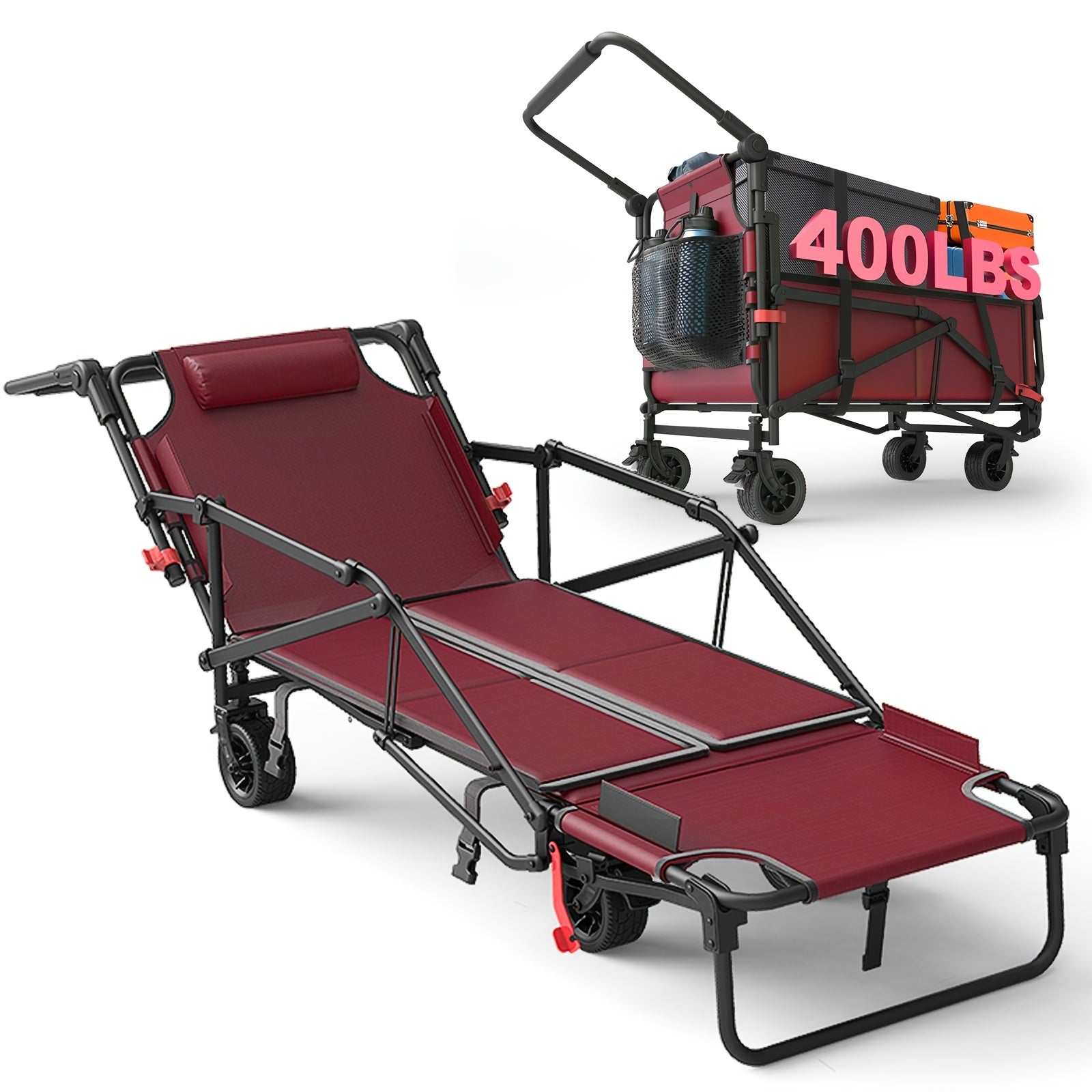 2-in-1 Folding Wagon Cart Convertible Beach Chair, 650LBS Large Capacity All Terrain Wagon with Adjustable Backrest for Camping Shopping Garden