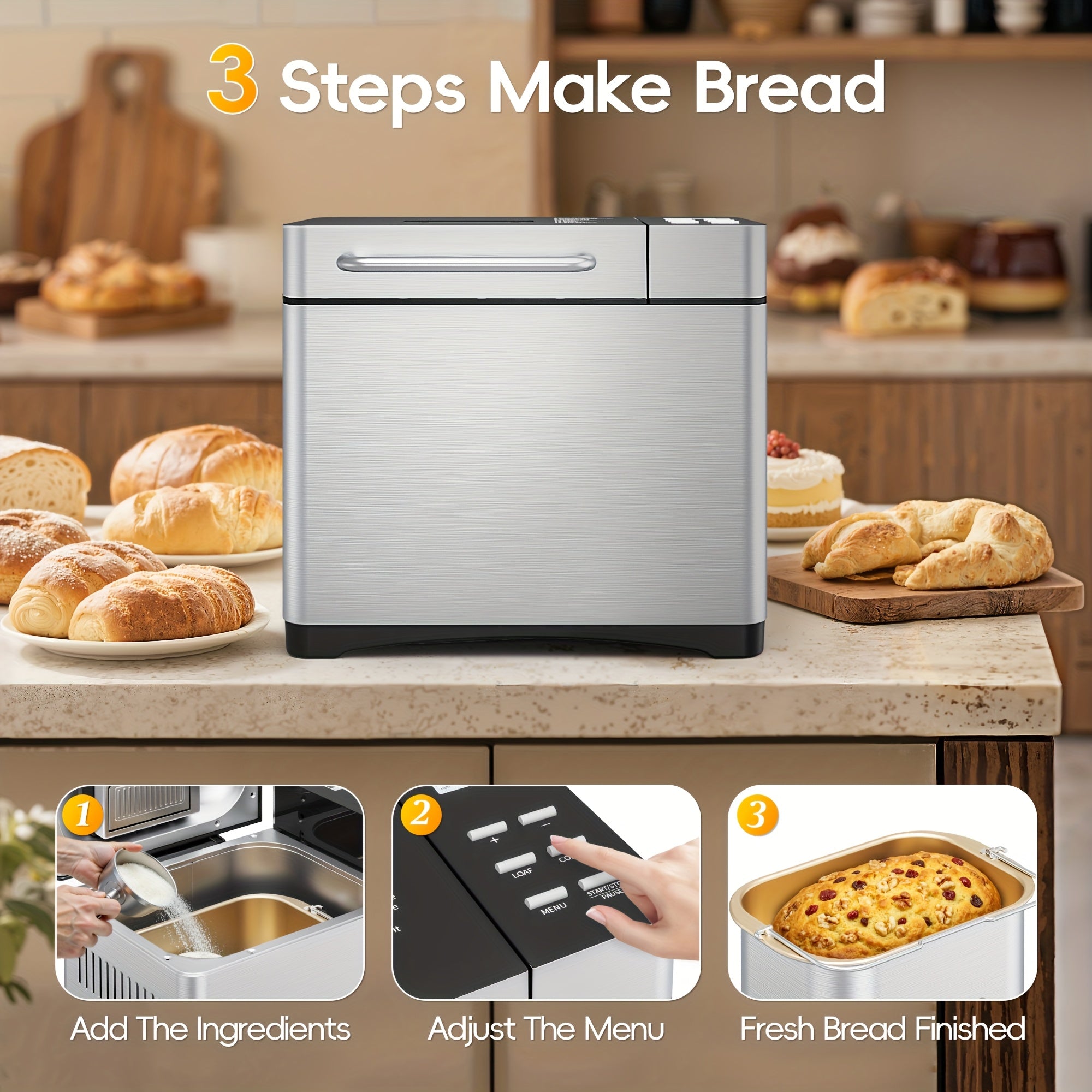 GUNJI 2LB 19-in-1 Bread Machine, Nonstick Ceramic Pan, 3 Crust Colors, 15H Timer & 1H Keep Warm