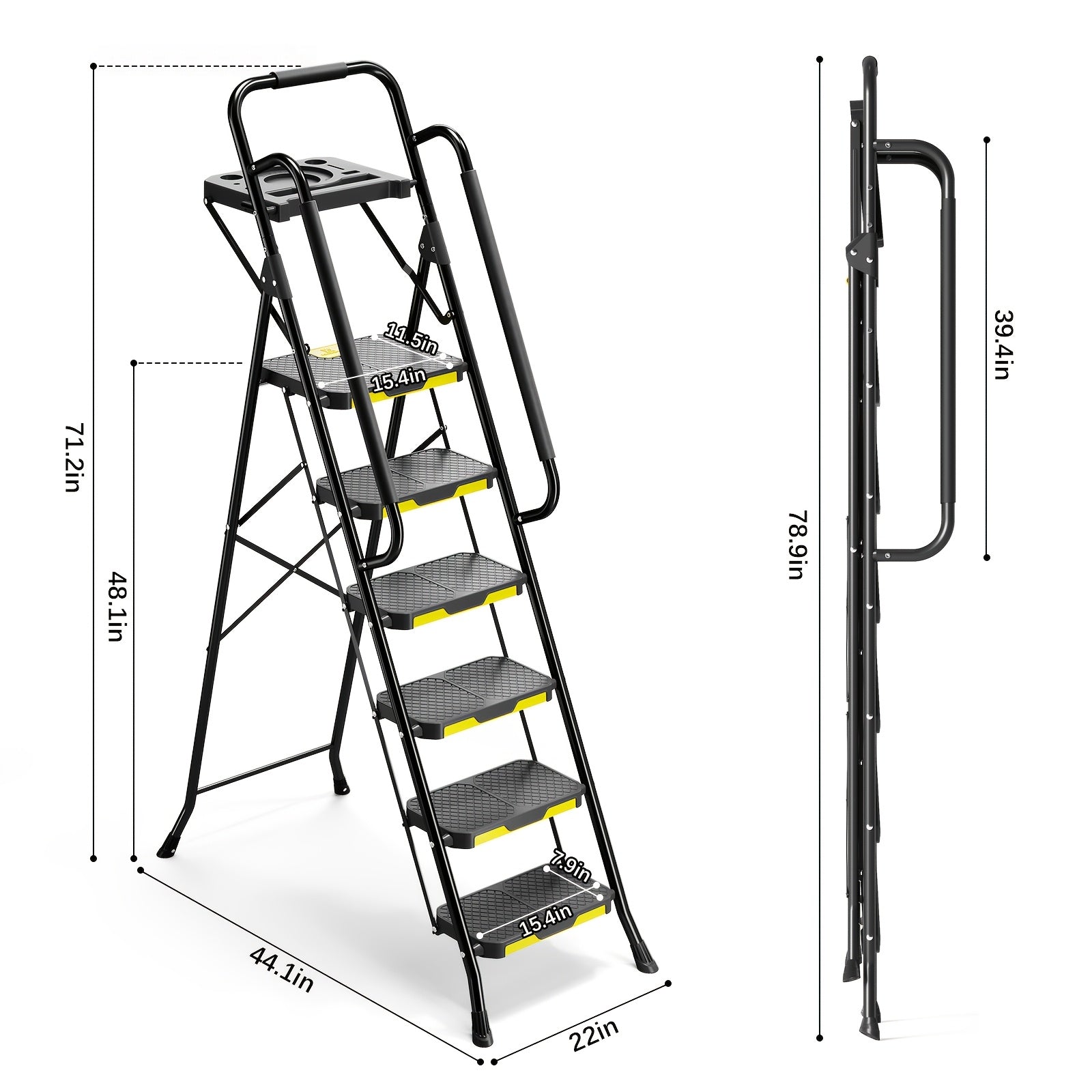 TOOLF 6 Step Folding Ladder, 800LBS Heavy Duty Steel Step Stool with Handrails Tool Platform Wide Pedal for Home Garage