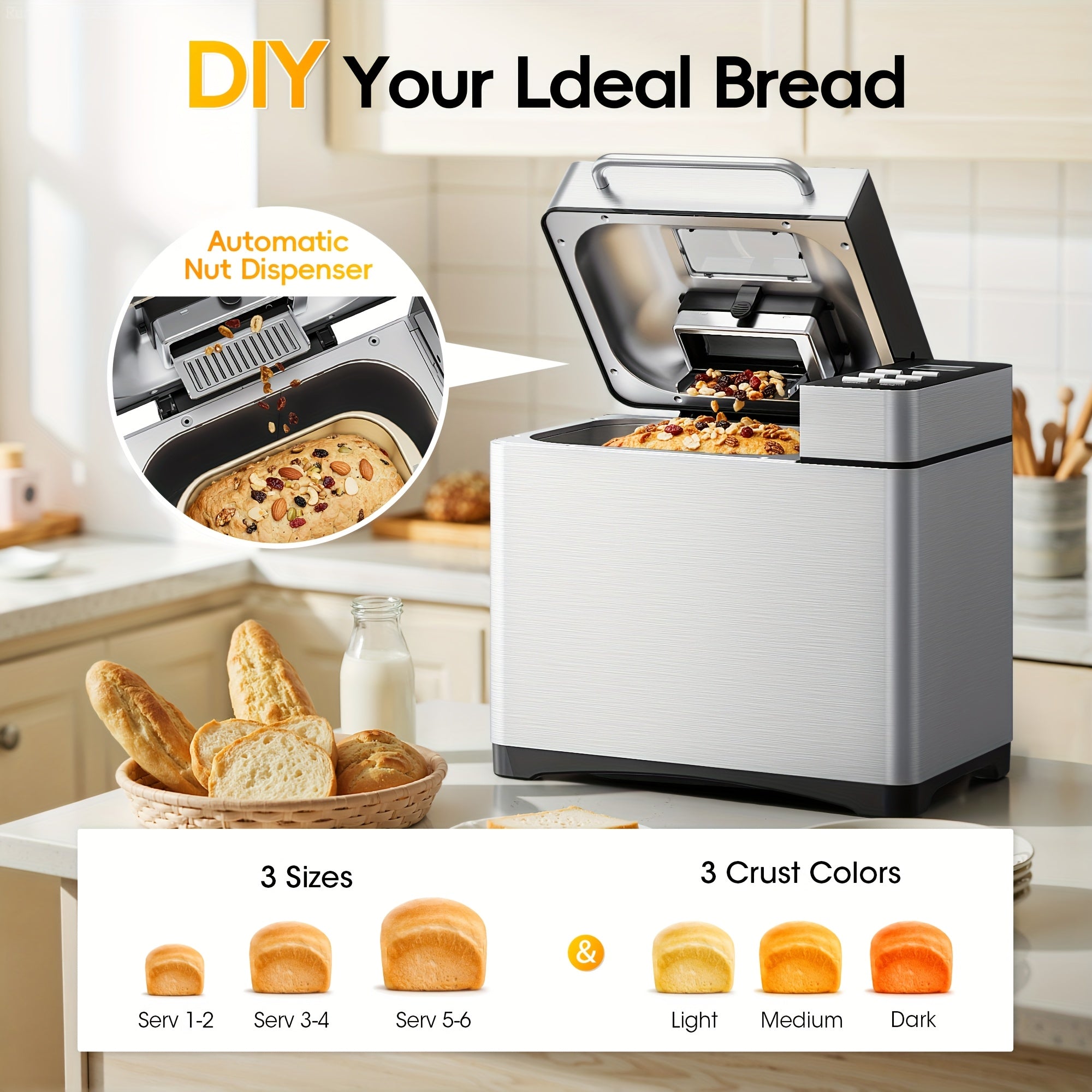 GUNJI 2LB 19-in-1 Bread Machine, Nonstick Ceramic Pan, 3 Crust Colors, 15H Timer & 1H Keep Warm