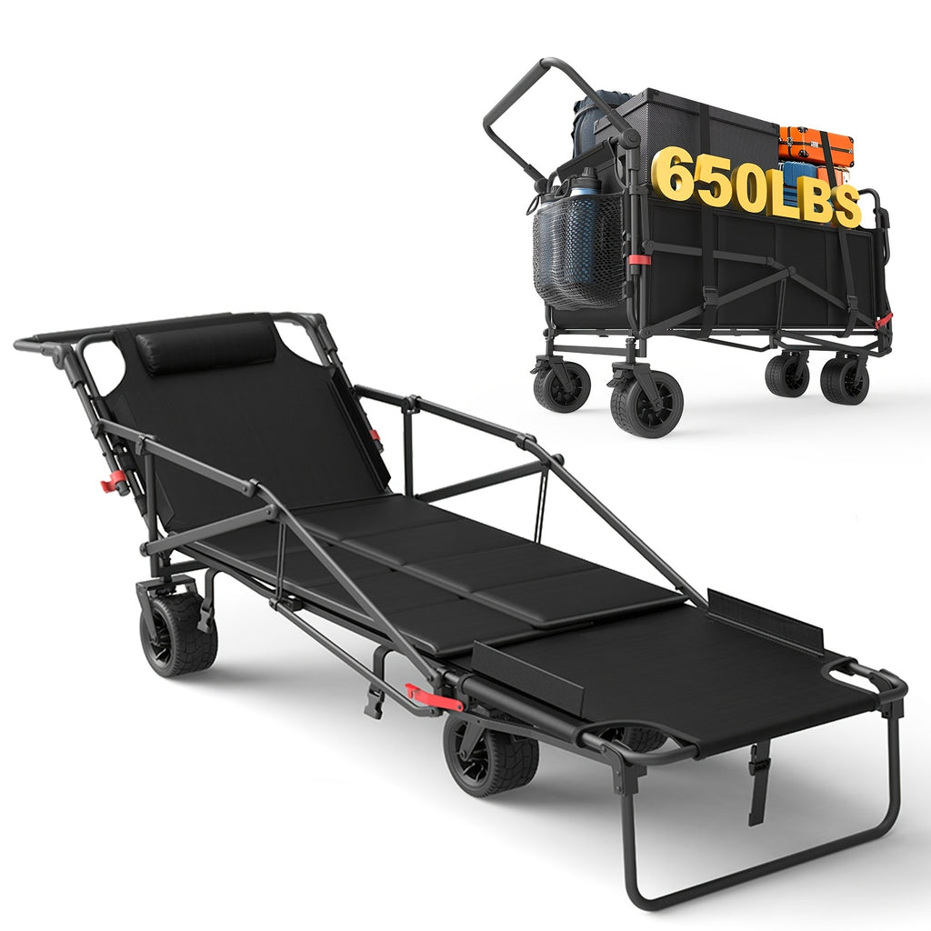 2-in-1 Folding Wagon Cart Convertible Beach Chair, 650LBS Large Capacity All Terrain Wagon with Adjustable Backrest for Camping Shopping Garden