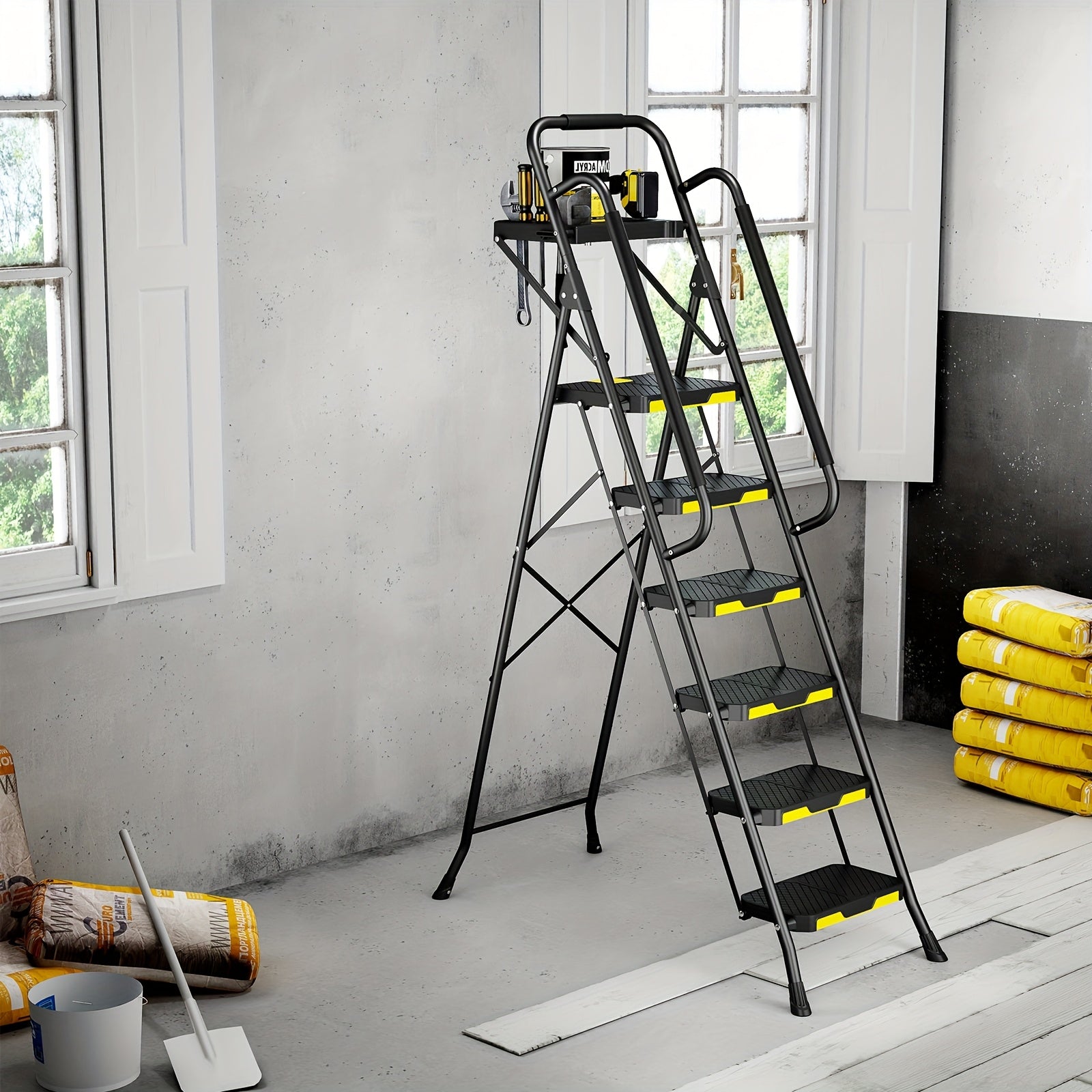TOOLF 6 Step Folding Ladder, 800LBS Heavy Duty Steel Step Stool with Handrails Tool Platform Wide Pedal for Home Garage