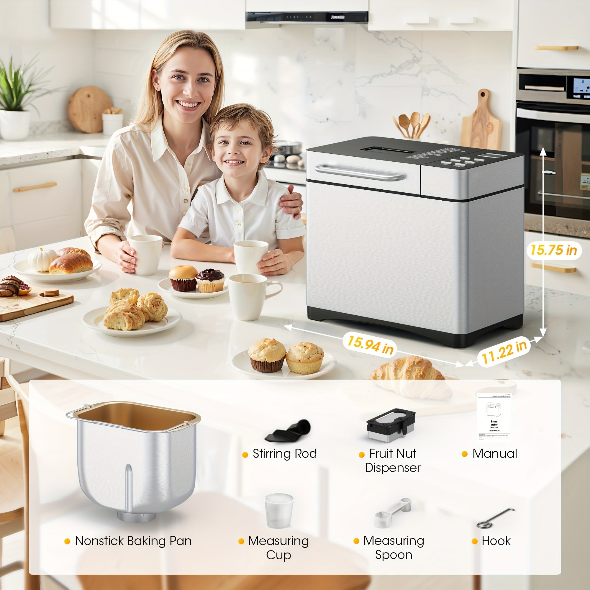 GUNJI 2LB 19-in-1 Bread Machine, Nonstick Ceramic Pan, 3 Crust Colors, 15H Timer & 1H Keep Warm