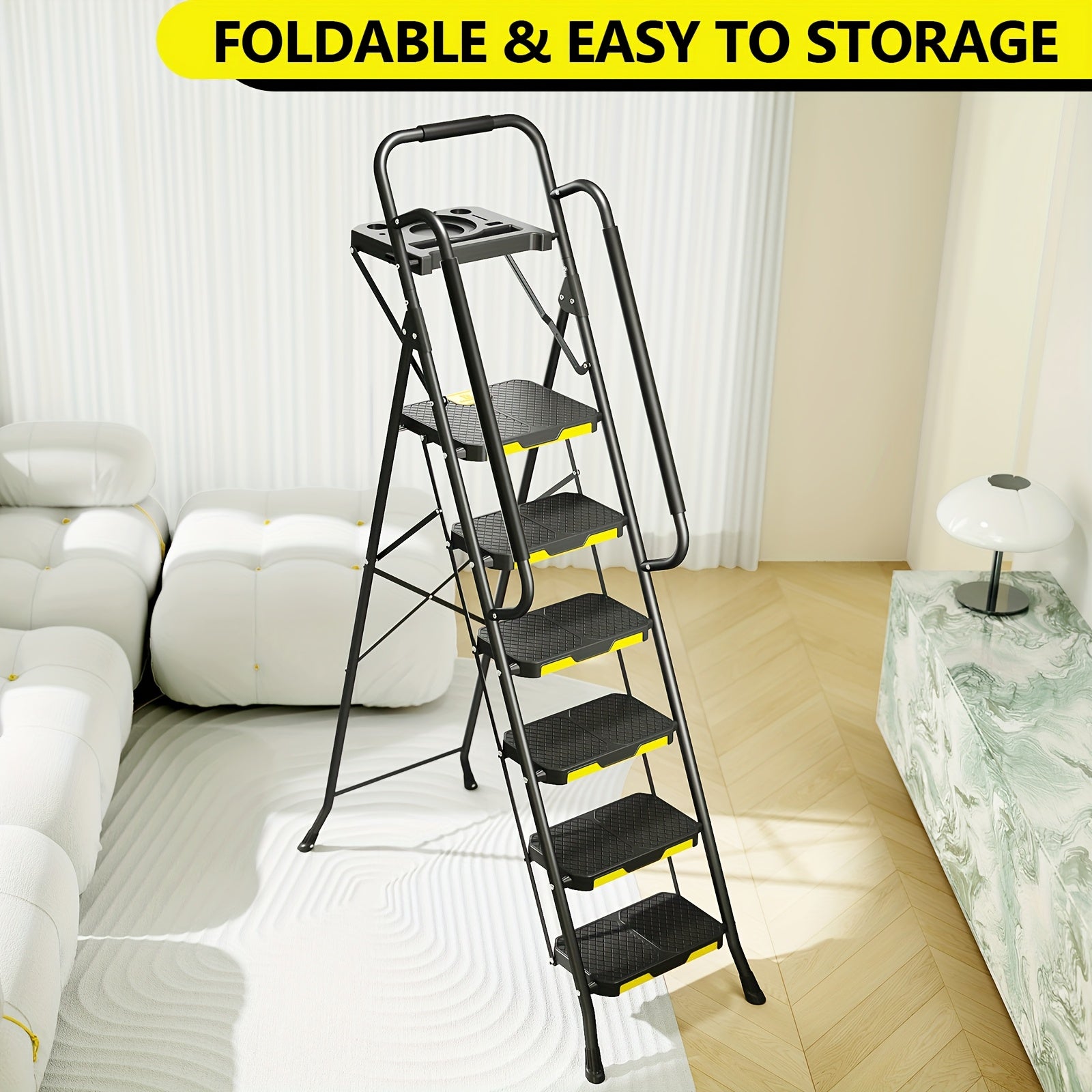 TOOLF 6 Step Folding Ladder, 800LBS Heavy Duty Steel Step Stool with Handrails Tool Platform Wide Pedal for Home Garage