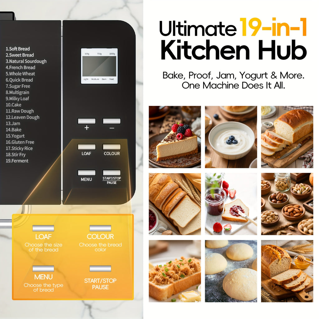 GUNJI 2LB 19-in-1 Bread Machine, Nonstick Ceramic Pan, 3 Crust Colors, 15H Timer & 1H Keep Warm