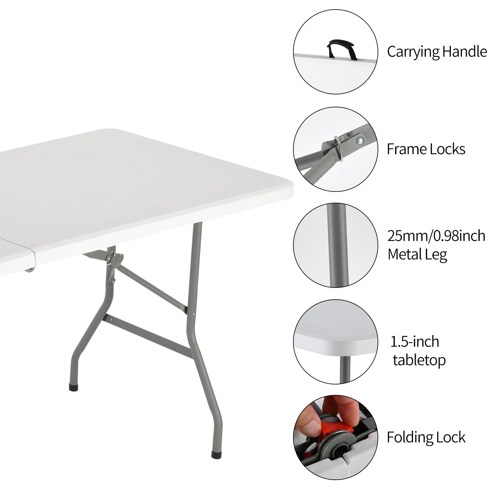 Portable Lightweight Folding Table, Foldable Table with Carrying Handle and Safety Locks, Ideal for Party, Dining, Barbecue, Board Game & Outdoor Activities