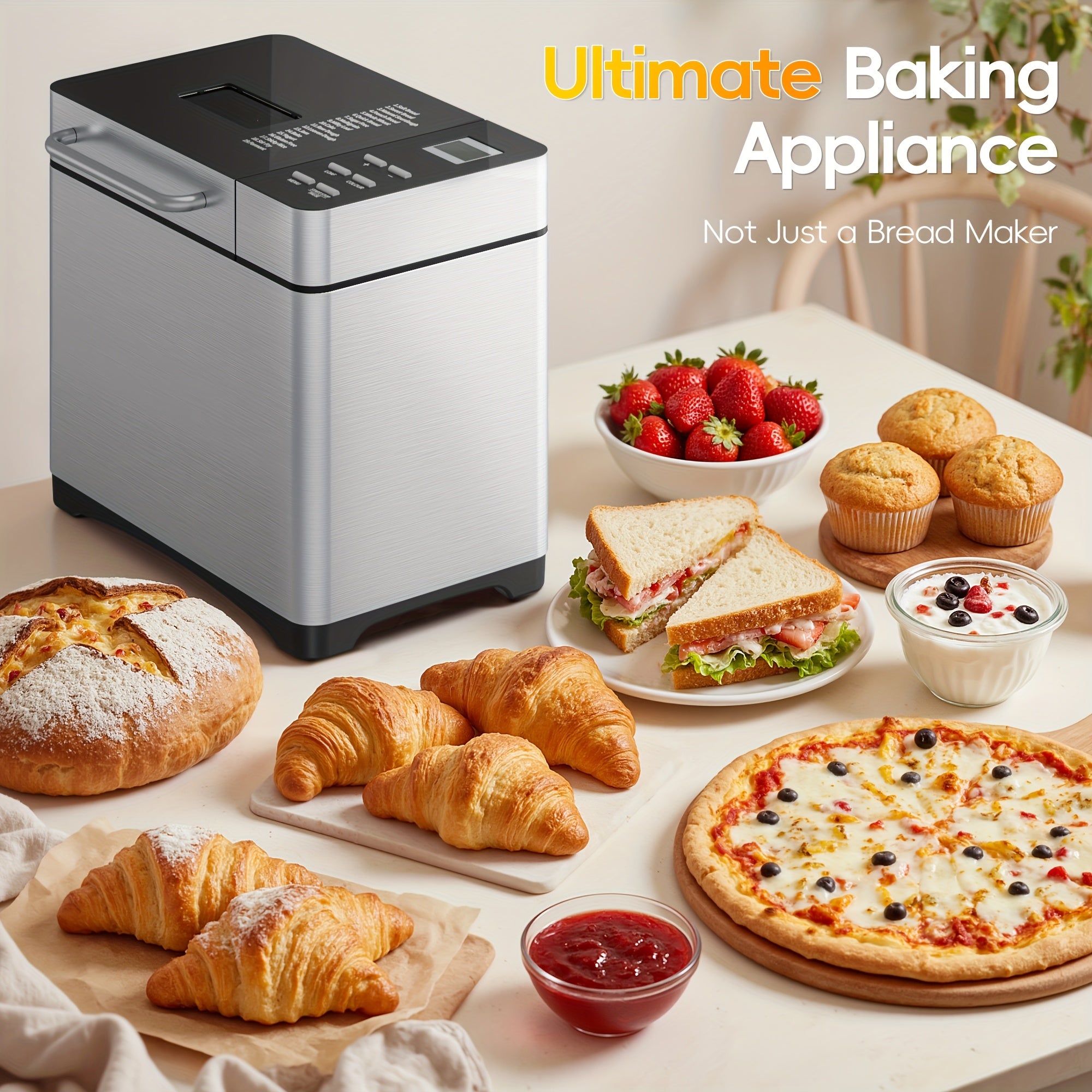 GUNJI 2LB 19-in-1 Bread Machine, Nonstick Ceramic Pan, 3 Crust Colors, 15H Timer & 1H Keep Warm