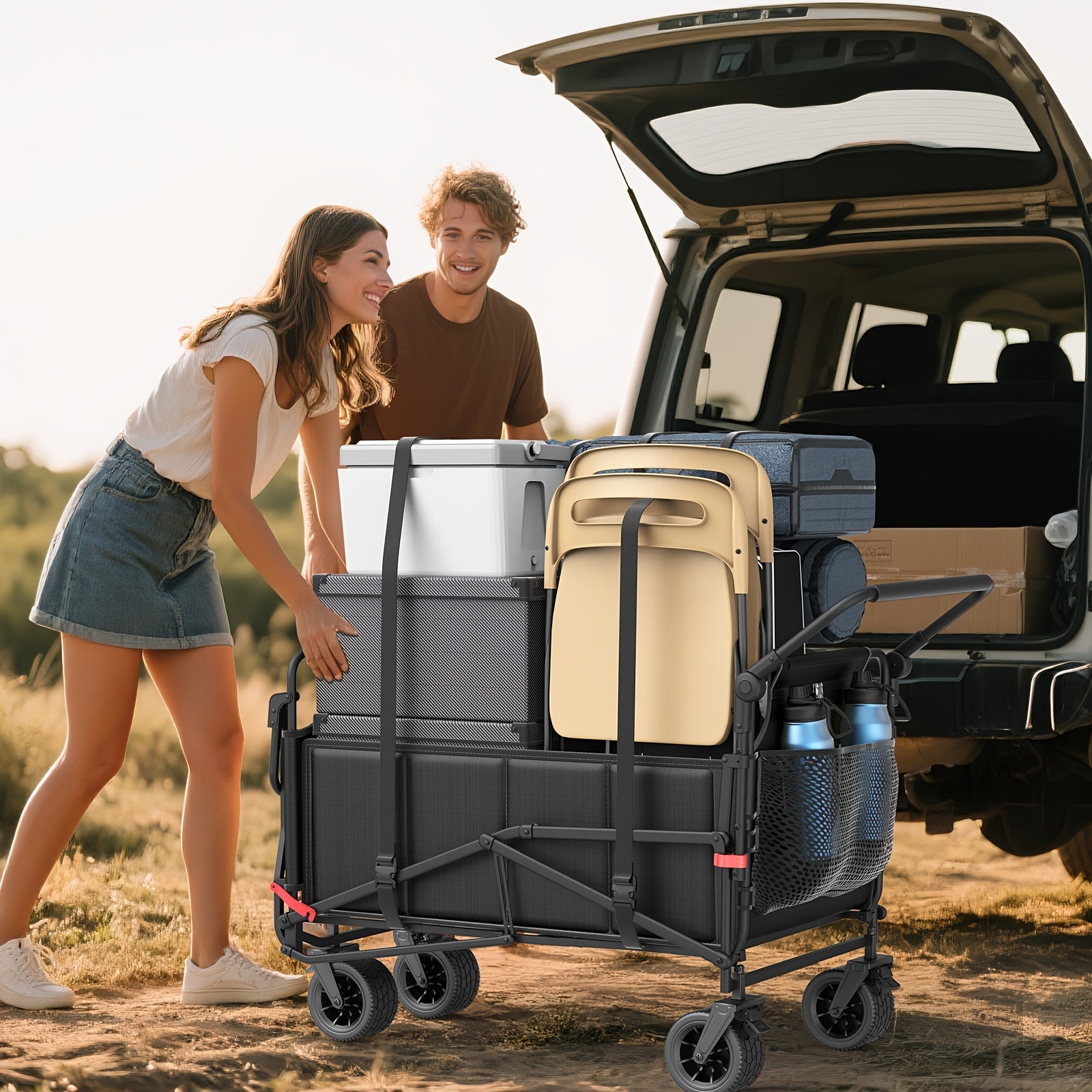 2-in-1 Folding Wagon Cart Convertible Beach Chair, 650LBS Large Capacity All Terrain Wagon with Adjustable Backrest for Camping Shopping Garden