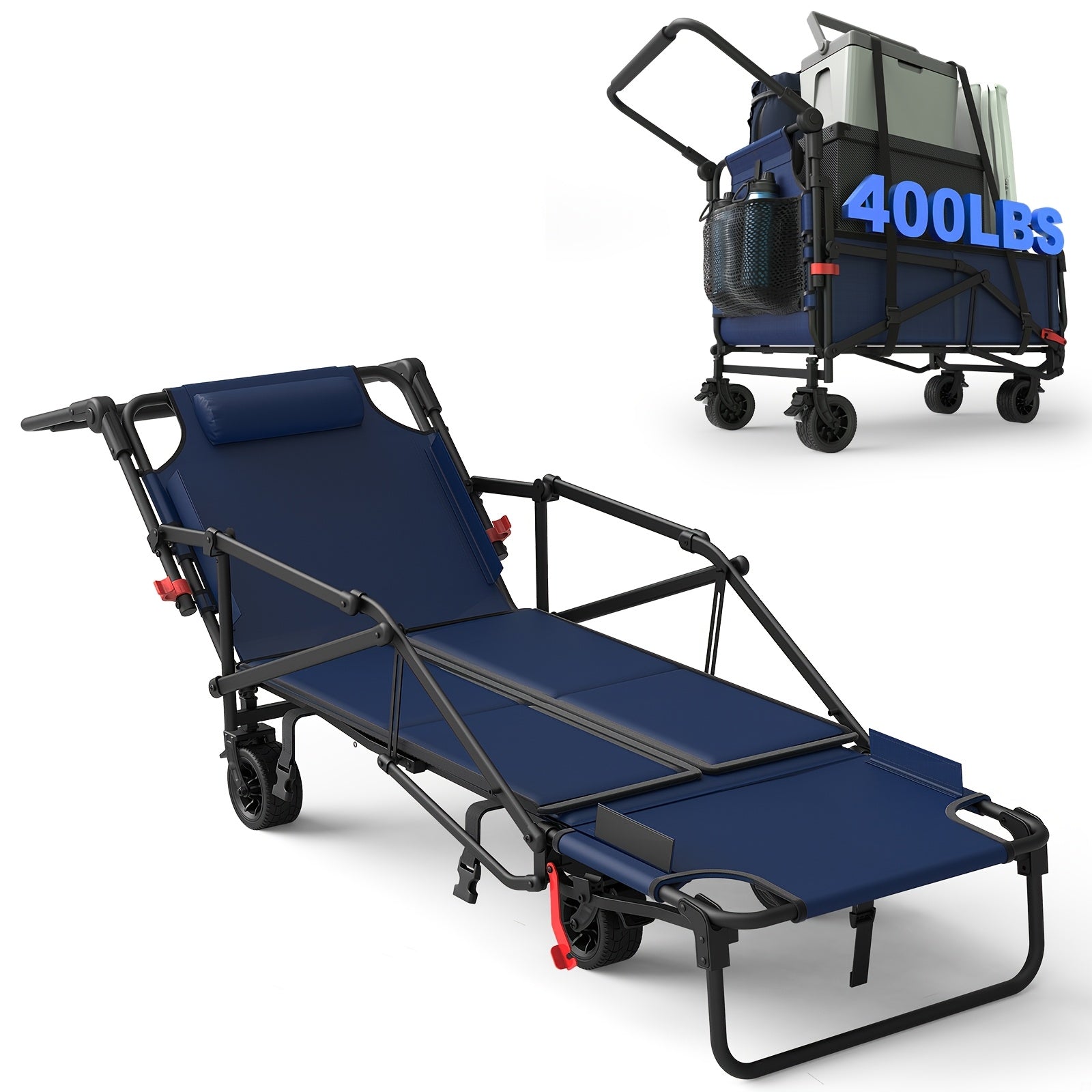 2-in-1 Folding Wagon Cart Convertible Beach Chair, 650LBS Large Capacity All Terrain Wagon with Adjustable Backrest for Camping Shopping Garden