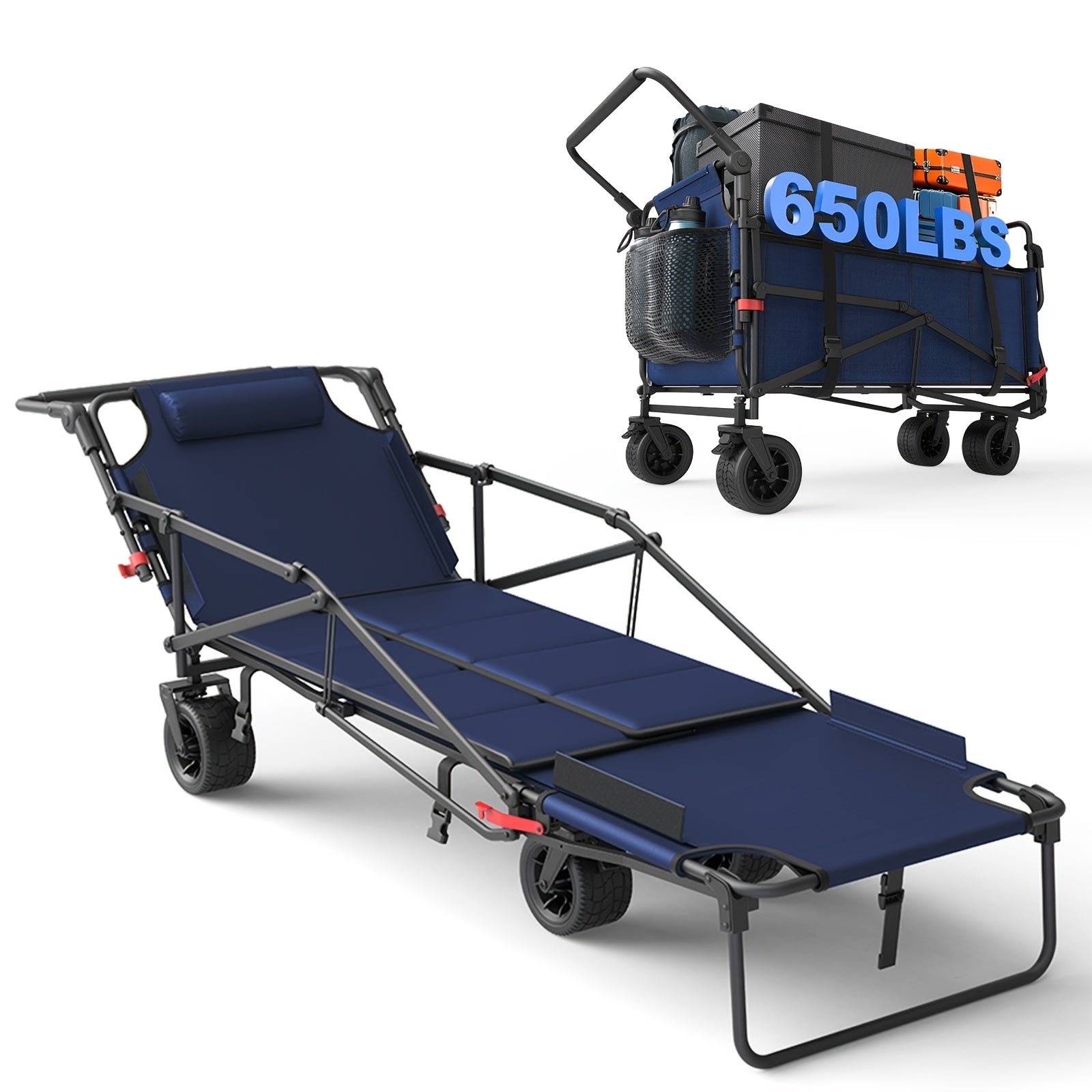 2-in-1 Folding Wagon Cart Convertible Beach Chair, 650LBS Large Capacity All Terrain Wagon with Adjustable Backrest for Camping Shopping Garden