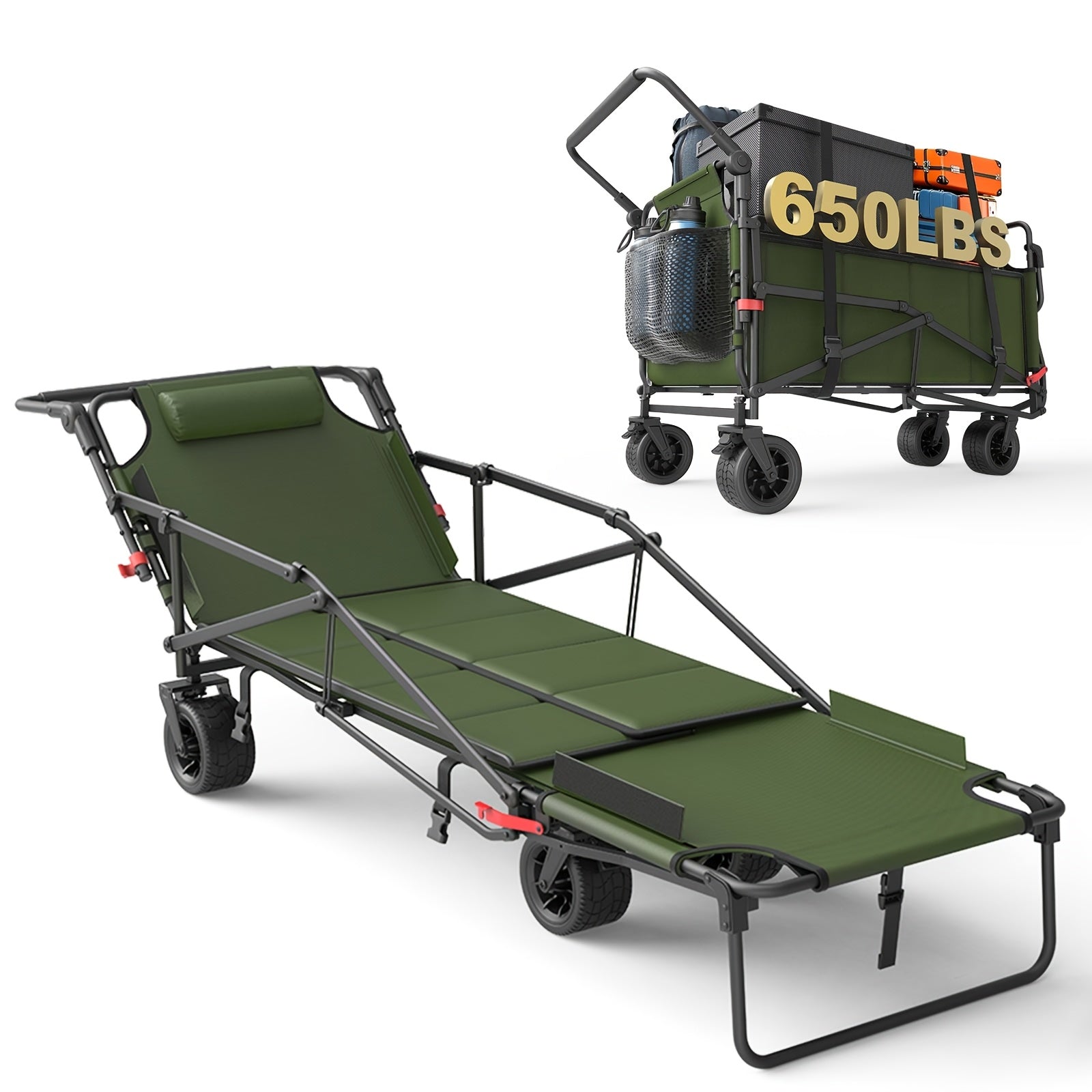 2-in-1 Folding Wagon Cart Convertible Beach Chair, 650LBS Large Capacity All Terrain Wagon with Adjustable Backrest for Camping Shopping Garden