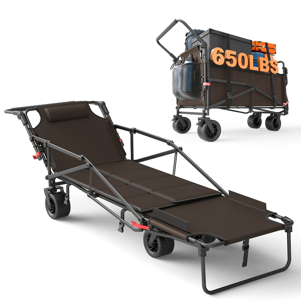 2-in-1 Folding Wagon Cart Convertible Beach Chair, 650LBS Large Capacity All Terrain Wagon with Adjustable Backrest for Camping Shopping Garden