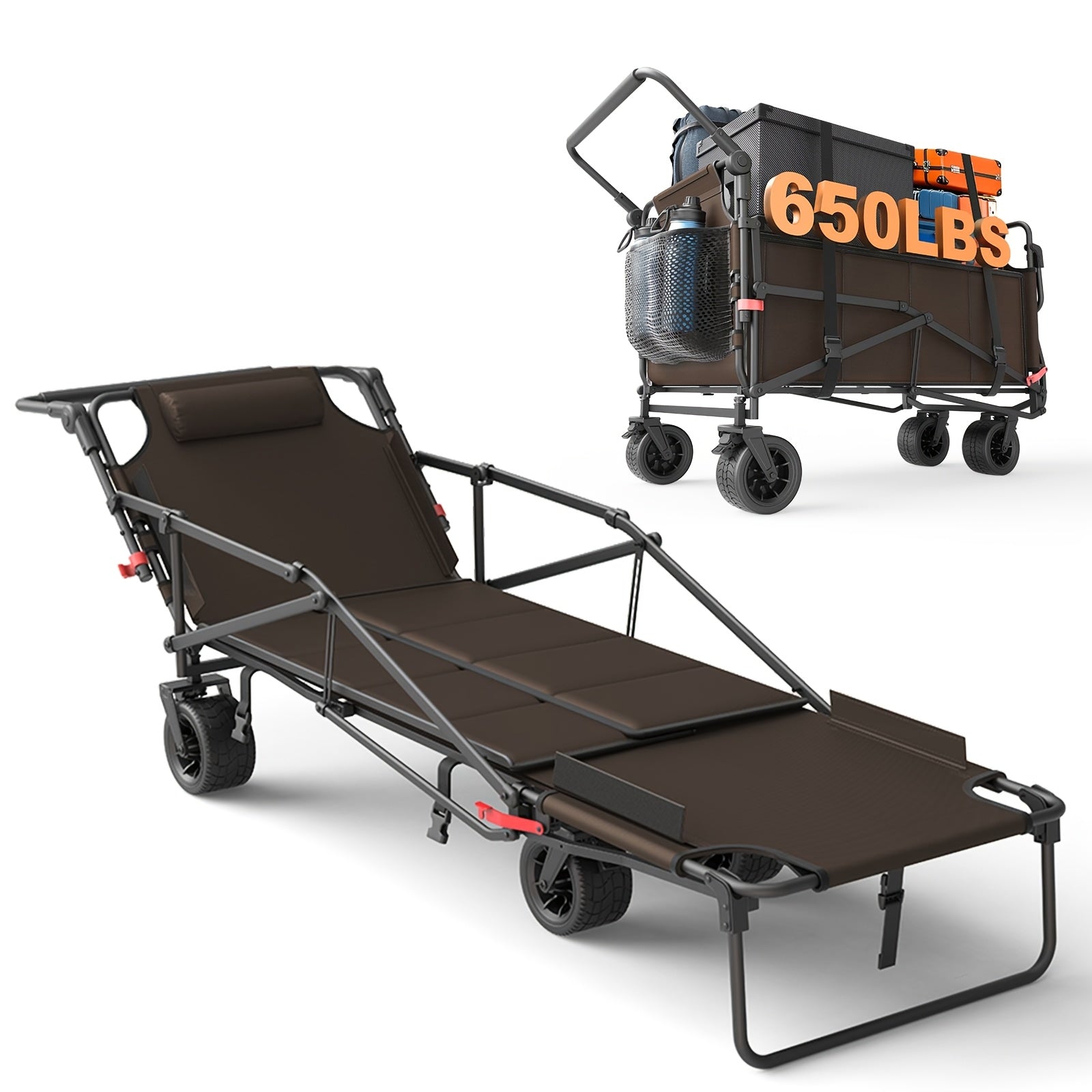 2-in-1 Folding Wagon Cart Convertible Beach Chair, 650LBS Large Capacity All Terrain Wagon with Adjustable Backrest for Camping Shopping Garden